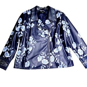 Colleen Lopez Faux Leather Moto Jacket 2X Navy Blue Floral Embroidered Cuff Neck